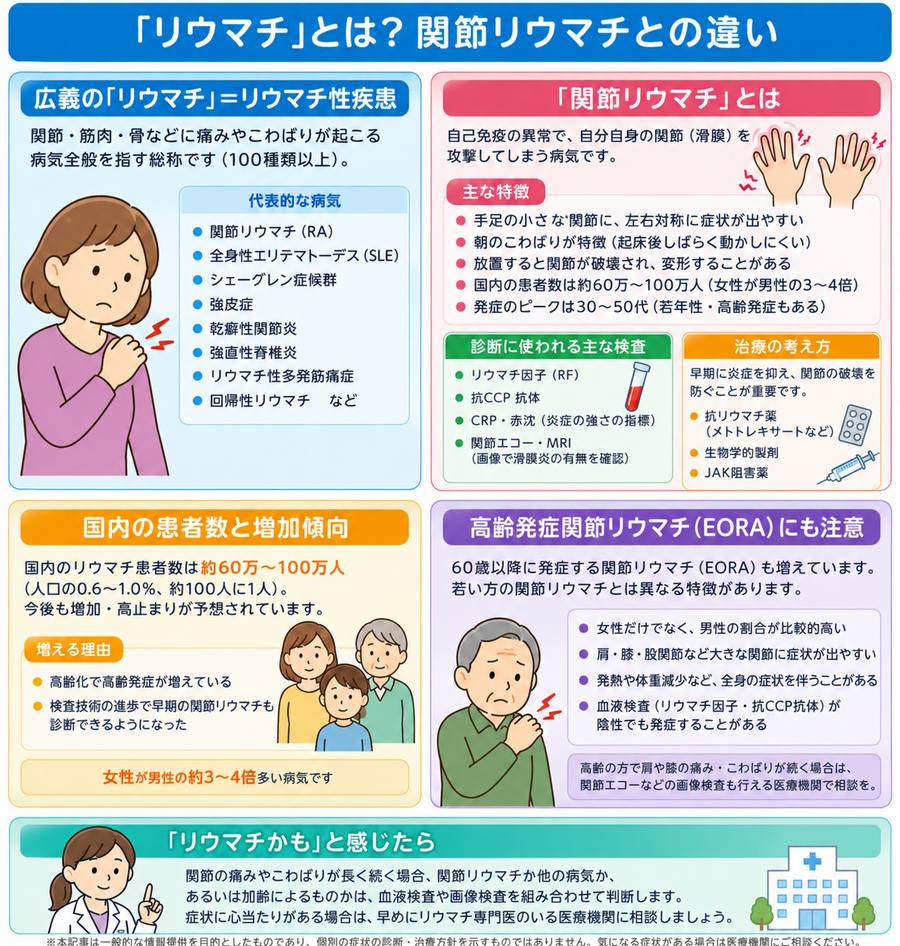 「リウマチ」とは？関節リウマチとの違い（広義のリウマチ性疾患、関節リウマチの特徴・検査・治療、国内患者数、高齢発症関節リウマチのまとめ図解）